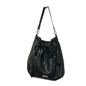 Black Leather Drawstring Bucket Bag